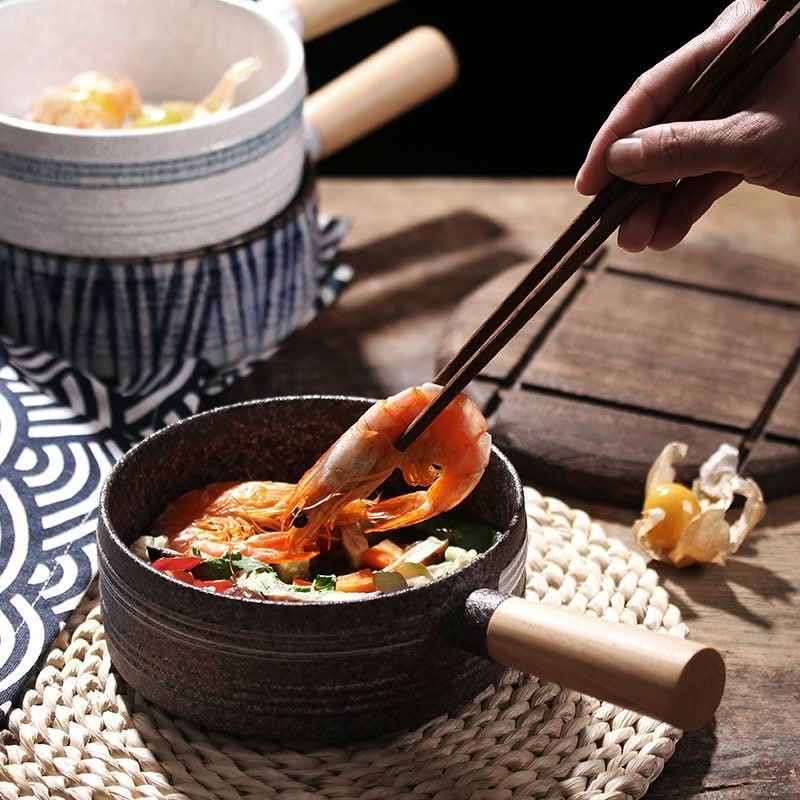 Rustic Stoneware Baking Plates with Japanese Art, used for a shrimp dish.